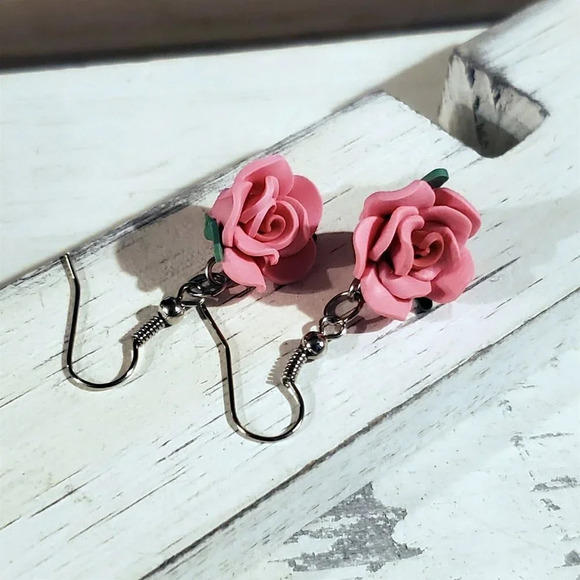 Pink Rose Flower Handcrafted Fimo Polymer Clay Bead Dangle Earrings - Picture 3 of 5